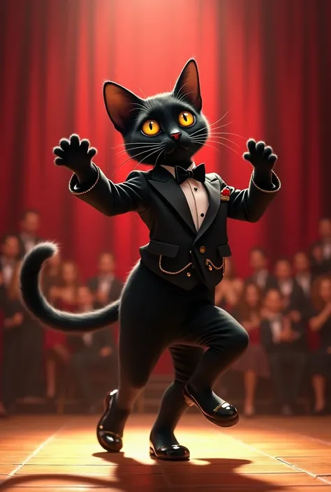 I need you to generate a black cat dancing salsa in a typical mans costume on stage for me