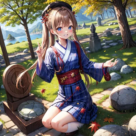 Chestnut Hair、 blue eyes、 with hair tied 、Two cute、 plaid mini skirt 、 BLACK T-SHIRT、 Long Sleeve 、 kimono、 striped high socks、Teeth are visible、lawn、The stone is cracked、Uneven ground、The road is curved、Large autumn tree、Mountain々、isolated island、iridesce...