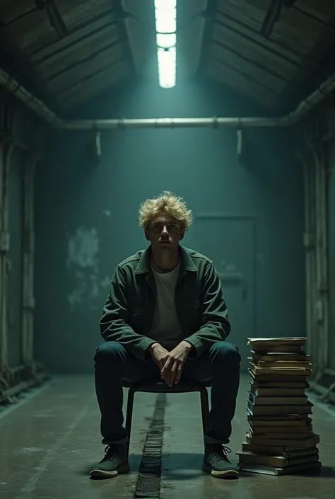 The blond guy with scared face is sitting on a chair in the middle of a huge bunker and next to the chair on which he is sitting there is a huge stack of notebooks and textbooks