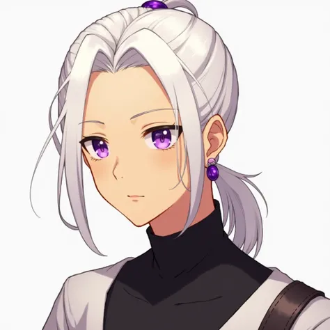 anime boy, tan skin, white ponytail hair, purple eye, purple earrings, Black turtle neck, 