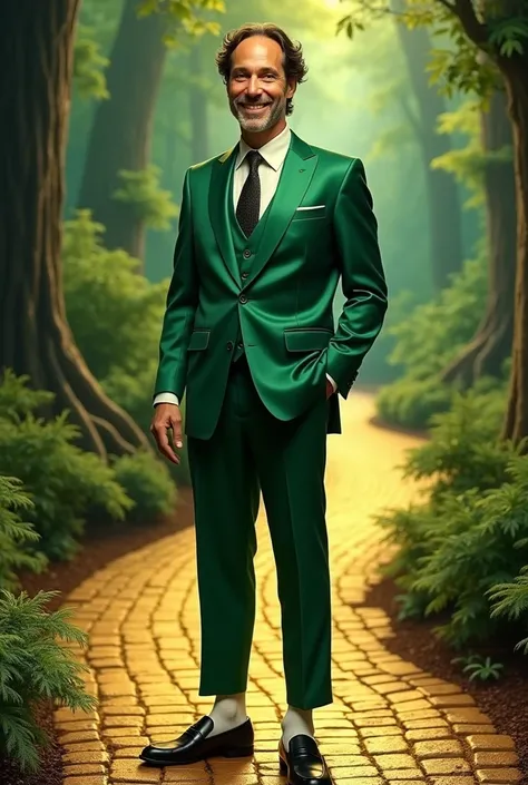 Actor Paul Rudd is wearing a green emerald silk suit with white socks showing with black loafers.Behind him is a beautiful Forest and a yellow brick road. Show his whole outfit l