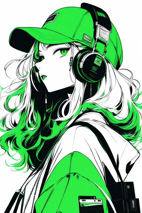  White girl, cap, Do you have a Walkman device,  green hair, large earrings (bottom: dark monochrome ), ,  masterpiece ,  classic retro style  , dark black, until, sketch book, bottom monocromático oscuro