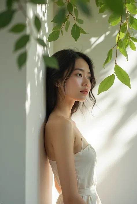 A close-up young thai woman standing gracefully against a white wall, her posture relaxed as dappled sunlight filters through the leaves above, casting soft shadows and patterns across her face and body. She gazes thoughtfully, with a serene expression, as...