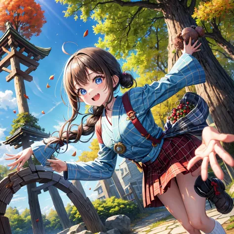 Chestnut Hair、 blue eyes、 with hair tied 、Two cute、 plaid mini skirt 、 BLACK T-SHIRT、 Long Sleeve 、 kimono、 striped high socks、Teeth are visible、lawn、The stone is cracked、Uneven ground、The road is curved、Large autumn tree、Mountain々、isolated island、iridesce...