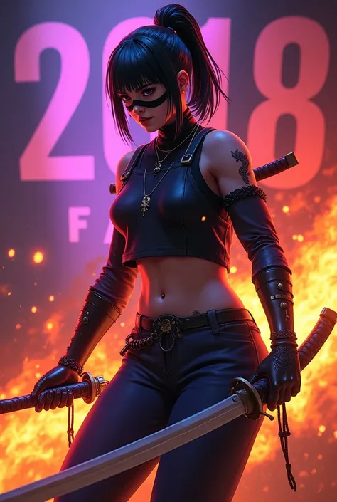 Female character Game Free Fire ,  hair tied with black fringe with white highlights , Croped white and 2018 in front of the color purple red and yellow, Dow ff dark blue almost black pants with two strings dropped  ,  on the face black eye rest mask and a...