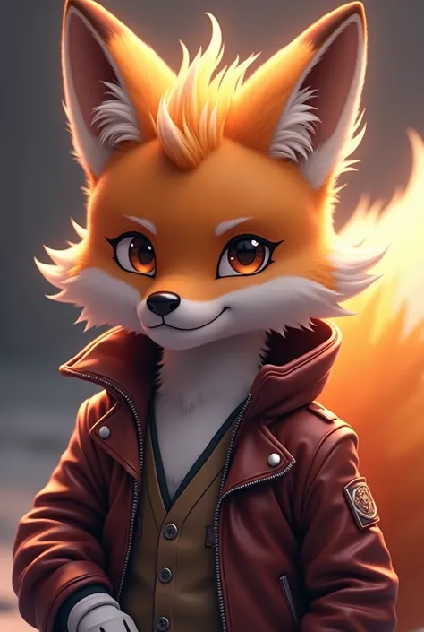 A FOX IN ANIME , with nine tails,  leather jacket,  WHITE GLOVES ON HIS HANDS ,  WITH CELESTIAL LIGHTING IN HIS HAIR, MAKE IT LOOK ADORABLE AND ELEGANT