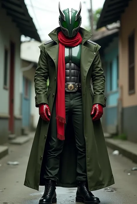 Kamen rider helmet, army green parka robe With shiller collar model,(The chest and stomach look like RoboCops chest and stomach), black formal shoes Red leather gloves,Red Hero scarf,The background is a simple, typical Indonesian small alley Very realistic...