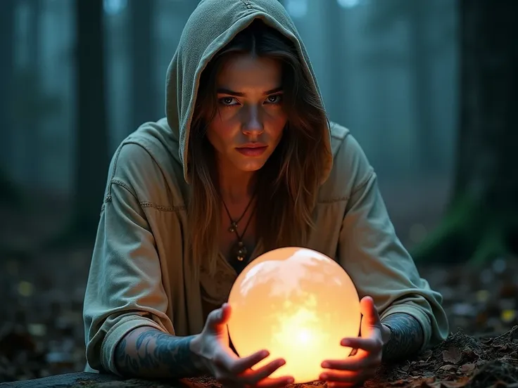  celebrity portrait of fortune teller with a crystal ball in front of her, disheveled and weathered, wearing a light outfit mit Kapuze,  looking over the crystal ball at the camera ,  mystical atmosphere , fog, Luminous particles , campfire, Tattoos am Hal...