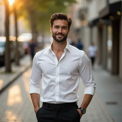  Capture a photorealistic image of a confident and elegant male model ,  full body , dress with:  a white Social slim shirt with subtle transparency ,  matching white buttons with the shirt , an Italian collar ,  cotton fabric and formal black pants ,  bla...