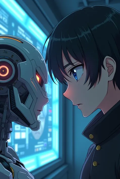  close-up of a person looking at robotic AI in a room,  Screenshot Autograph Movie , Animation opening , From TV animation, Track Cannon , Animated Mecha Aesthetics, Holographic Live Broadcast,  robot animation mixed with organic matter , [anime cover,  My...