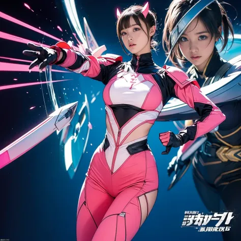 Cute Tokusatsu Sentai member girls , Very short bob hair, Extremely thin:1.5, Saggy breasts:1.5, form-fitting combat suit, Combat pose:1.3, ( brave and brave image of a 6-person ranger team:1.3), ((pink)),  Dynamic Poses , neon, plasma, fluorescence, shock...