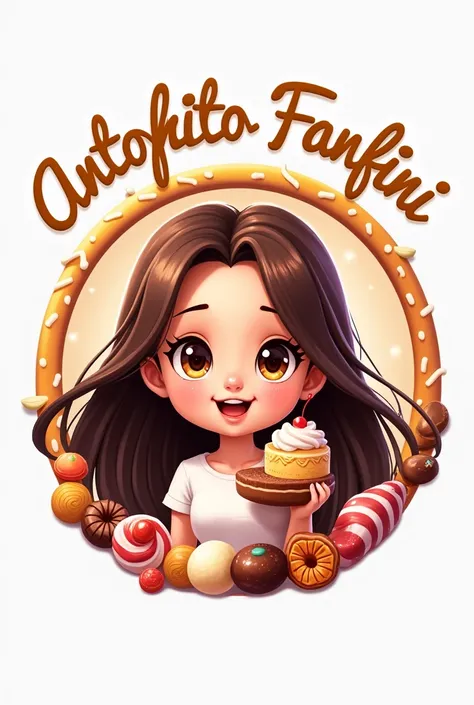 I want a round logo that has a theme of animated desserts and candies and that in the center is called fanfini snacks and that there is a girl with brown and white hair who carries a dessert in her hand and that is animated too, that she has nothing white ...