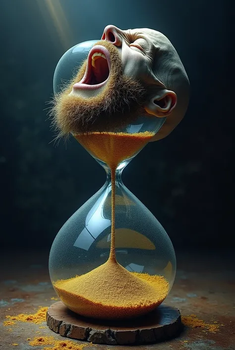  Create an image of an hourglass in the shape of a prism ,  bearded face screaming in desperation from the album The Wall by the band Pink Floyd at the top, Draining old skull that melts with a beard . Beam of light passing through the upper prism ,  enter...