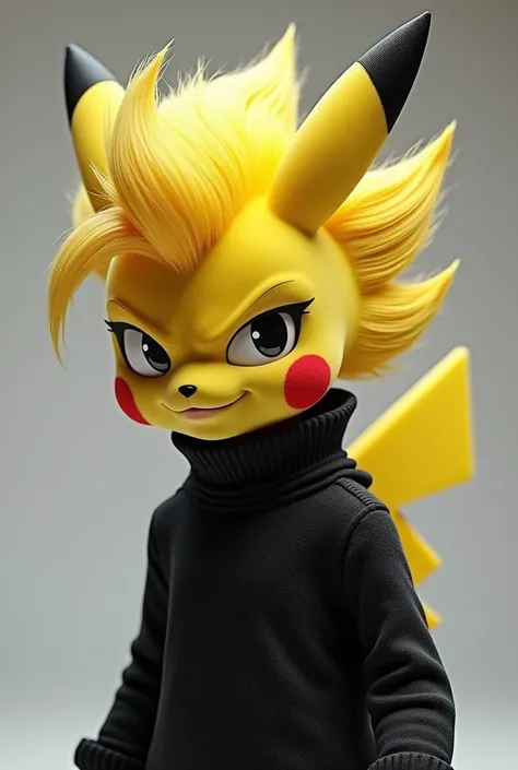 a human Pikacchu with Sonic hair brushed to the right and with black eyes and white pupils and a black sweater that covers his neck and has horns and red spots on his cheeks 