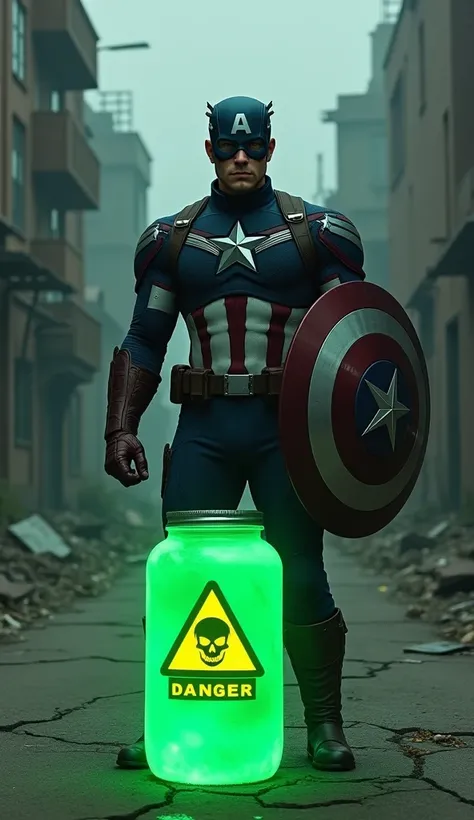 "A vigilant and sharply detailed Captain America with normal eyes, intensely focused on a glowing jar. The jar features a yellow triangular logo with a skull symbol and the word DANGER written prominently. The jar emits an eerie green light, suggesting ext...