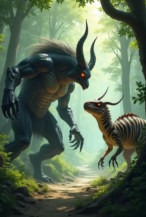 make a picture of a tirek and zebra dinosaur facing each other, forest background.