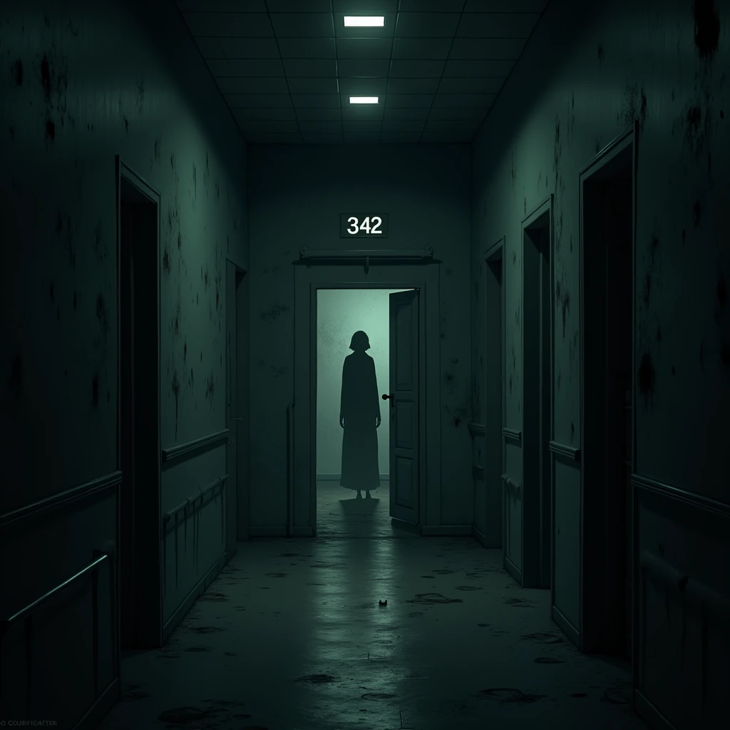  A dark and desolate hospital in Mexico City ,  with a long corridor illuminated by flickering lights . In the background,  a closed door with the number 342 ,  from which shadows emanate that seem to have a life of their own.  inside the room , a dark and...