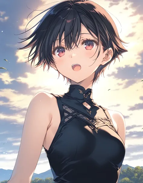 1girl, tomboy, little female, small breasts, beautiful detailed eyes,open mouth, outdoors,wind, fantasy, game CG, break,((artist:mitsumi_misato)),(artist:fujiyama),(artist:suzumori),(masterpiece), (best quality), (ultra-detailed), very aesthetic, newest, b...