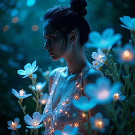 high quality, 8K Ultra HD, beautiful and sexy Bioluminescent woman with a slim figure beautiful flowing Bioluminescent flowers forming a beautiful woman, full depth of field and realistic textures
