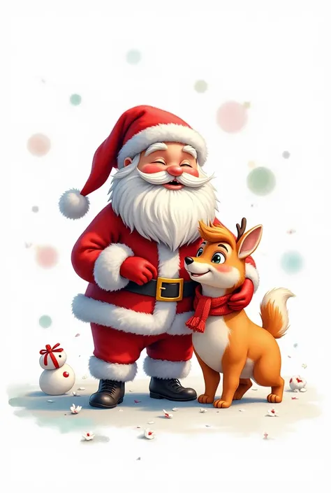 Santa Claus surrounded by 1 Christmas animal,  white background Pixar watercolor style. 