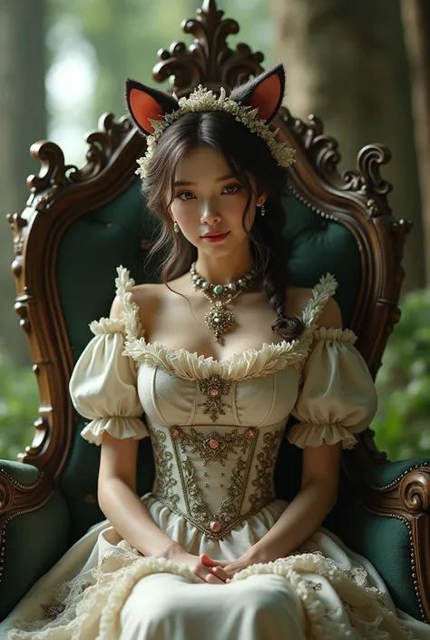  A beautiful woman , (Fairy Queen:1.4) sits on the throne,( Neko maid clothes:1.8) , perfect face, Full body, victorian era , noble dress,  complicated decoration , spelling, talk , Smiling,  arms behind the back, soft border light ,  beautiful detailed sk...