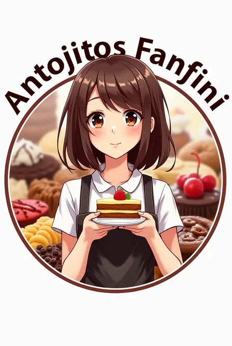 I want a round logo that has a theme of realistic desserts and candies and that in the center it has the name Antojitos fanfini and that there is a girl with brown and white hair who is holding a dessert and that it is realistic that she has nothing white ...