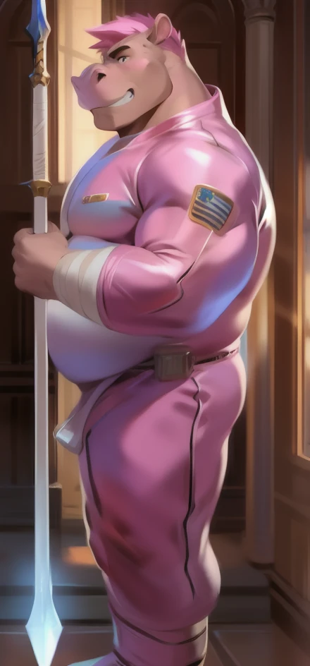 Solo, male Tall​,Huge body, Stand upright,Holding a magic spear, ice pink, hippo, Pink military spacesuit , overweight, muscular,Wear a bandage, strict, by chunie, eyes pink,Pink hair short 