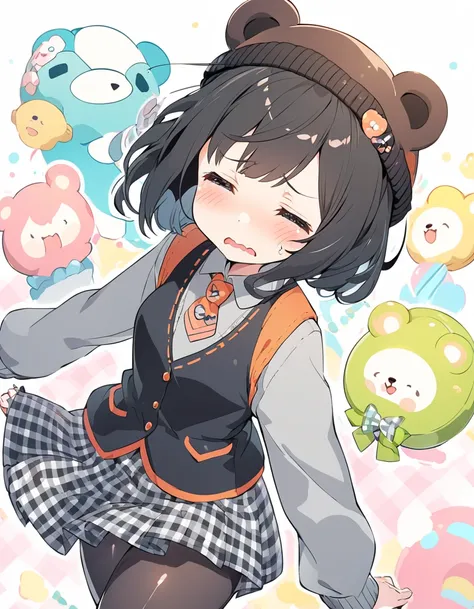 hyper cute anime style illustration, one girl, black-hair, short-bowlcut-hair, petite girl, gray-shirt, tie, vest, Gingham-patterned skirt, shiny black pantyhose, 
bear-ears knit cap, shy, wavy mouth,