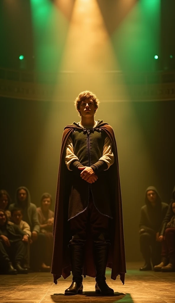 A tall man, with fair skin and short brown hair, stands in the center of a stage lit in the "Got Talent" style, shown full body. He wears a medieval costume in shades of brown and green, with leather boots and a flowing cape. His posture is confident, with...