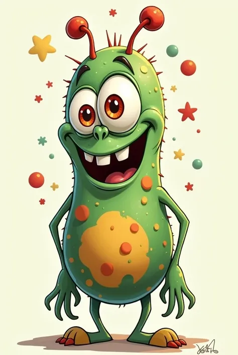  Monstrous caricature of bacteria, Disney cartoon style 2D , exaggerated features,  big and expressive eyes ,  vibrant colors,  friendly but creepy appearance ,  plain background,  detailed illustration --ar 1 :1 --stylize 750 --v 6.0a