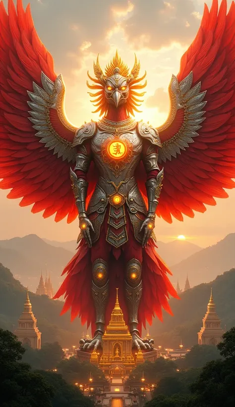 "A colossal Garuda guardian inspired by Thai culture and Buddhist symbolism, its massive form glowing with a fiery red hue that embodies power and spiritual energy. The Garuda is clad in gleaming silver armor, intricately engraved with sacred Buddhist symb...