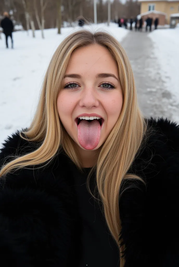 is wearing a fluffy fur coat、fair-skinned、russian girls 。blonde、winter、black fur、 voluminous fur 。(((smile、sexy breasts、armpits)...