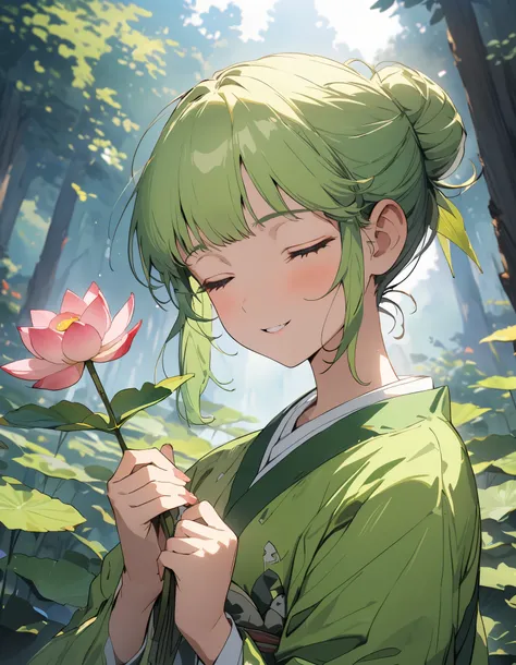 (非常にdetailedな 、 8k wallpaper,masterpiece, highest quality, 非常にdetailedな),A green hair fairy with hairbun and closed eyes holding a lotus, dressed in green with leaves, in the style of anime-like characters, flowerpunk, herb trimpe, forest,highest quality、m...