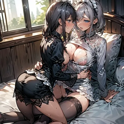 (2womans doing masturbation:1.3,Caress each other),(((maid))),Military cap,break,(mature woman In the Barracks),(Squint eyes),break,((Womans boob ,tight skirt)),((Perfect hands)),Intensive contact:1.0,((Pervert woman)),(boob slipping out of bra),(panty sli...