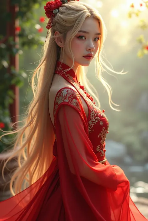 beautiful sexy girl in sexy red hanfu and blonde hair