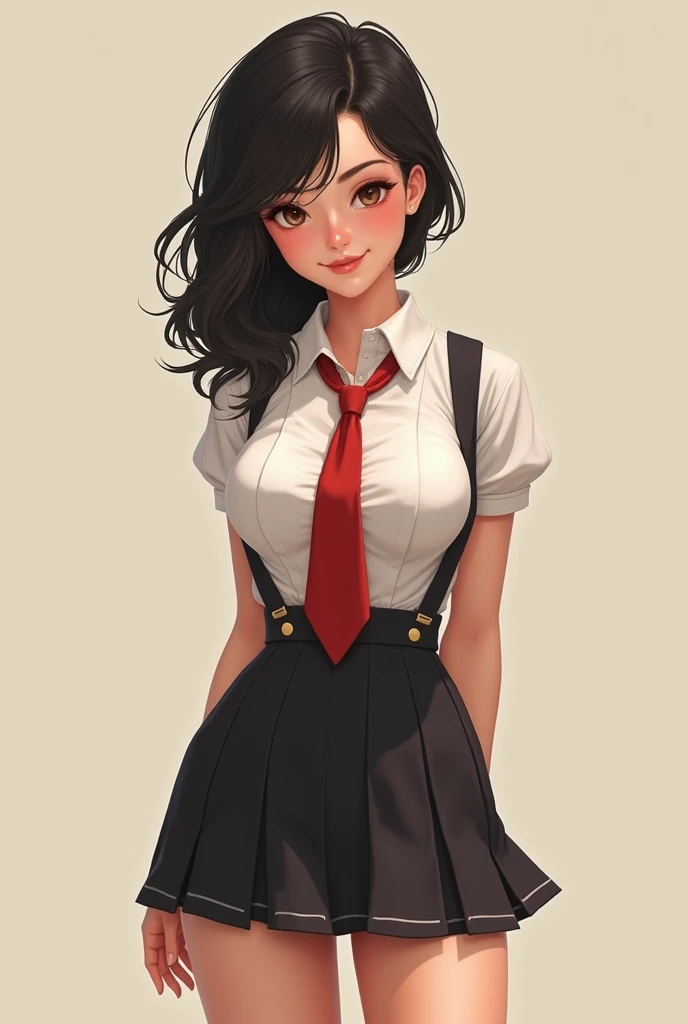 1 , Alone,  small breasts, Suspender Skirt, white shirt, Red tie, happy