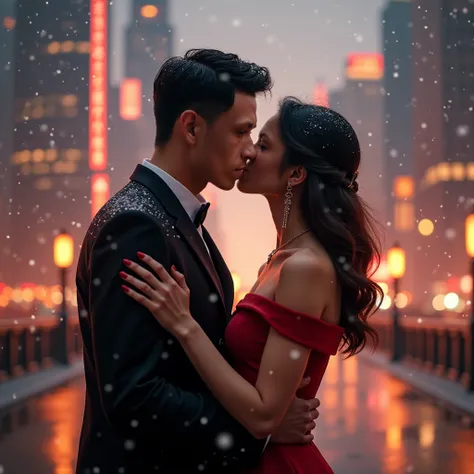 a beautiful couple in love kissing in the city of Beijing in winter falling snow