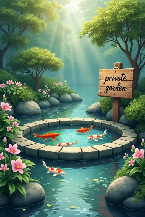 Circular pond with carp in the back of the yard with orchids and a sign written in private garden.