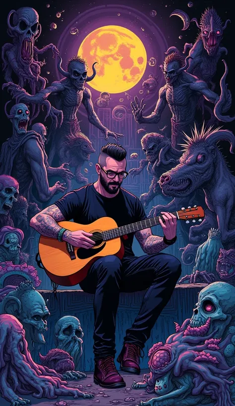 The image is a vivid, surreal illustration featuring a chaotic scene of a handsome, 30-something rocker, bearded, slim, dressed in black, buzz cut, glasses, tattoos, sitting playing acoustic guitar in a strange labyrinth filled with bizarre figures. The pr...