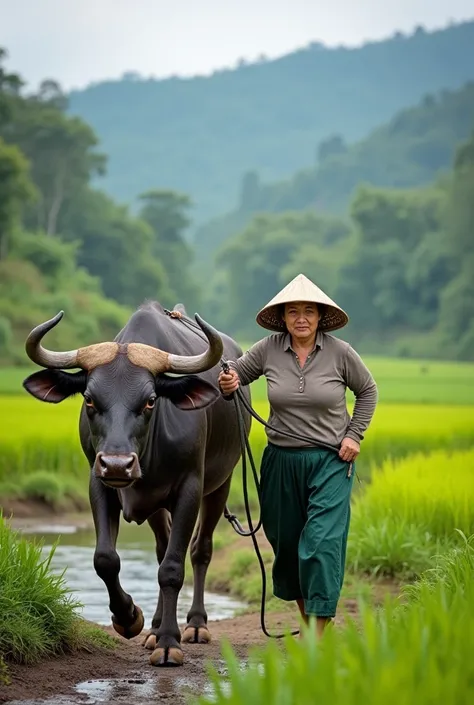 Woman walks in harness behind buffalo photo of Vietnamese farmer woman
