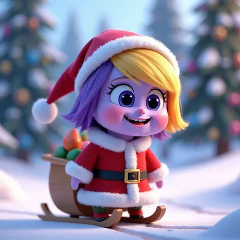  create a character inspired by the style of the characters from Inside Out 2 in the following positions:  with light purple skin , short straight yellow and purple hair, Santa Claus outfit, on the sled , Pixar,3d