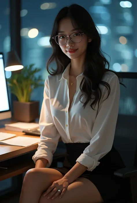  Japanese woman with a viewing angle of、 slender figure、 beautiful skin in NFSW、whole body、 best quality、 ultra high resolution、 beautiful and elaborate face、 fine and beautiful skin、 skin texture、 black hair、Glasses、 white shirt、 miniskirt、 Career Woman 、...