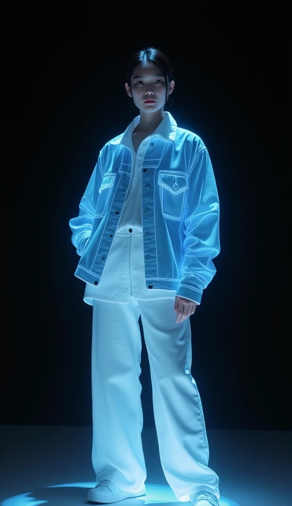 Chinese woman in white pants and blue jacket standing in front of black background, hologram, tumblr, holography, ( ( ( wearing Streetwear dan High Fashion ) ) ), full body wide shot