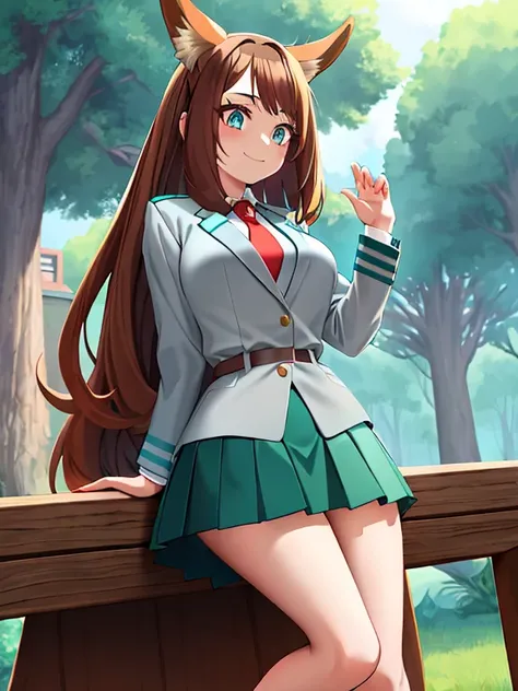 (Girl with brown hair with turquoise tips ) ( short fox ears ) (turquoise blue eyes) (leg-length hair) (look: happy) (clothing: Schoolgirl uniform.a) (Light grey blouse, red tie, Dark  green skirt ) ( big breasts)  school uniform, shackles,  green skirt ,g...