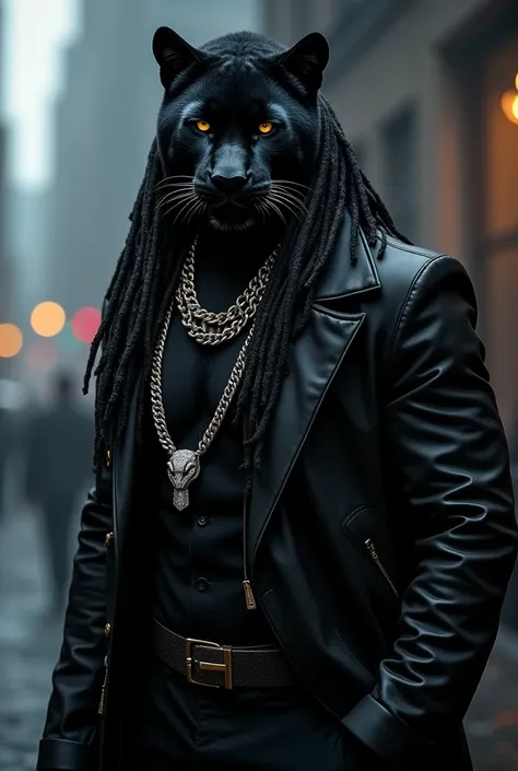  Make me a male anthropomorphic black panther with dreadlocks , with black jacket and Cuban chain with diamonds  