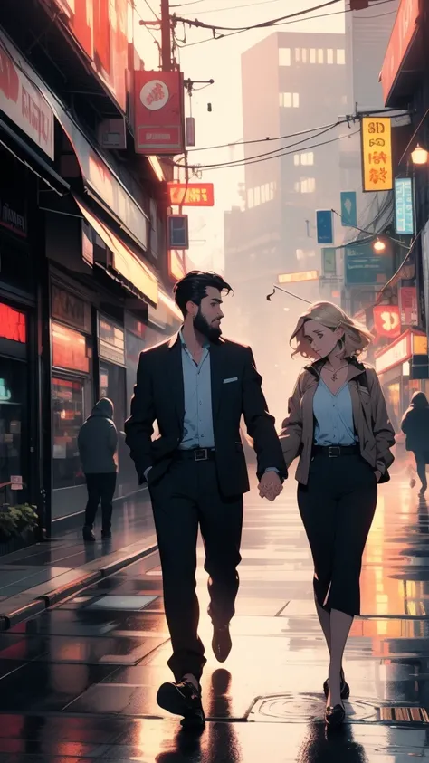 A striking scene of a Saudi Arabian man and a petite blonde woman walking together under the rain in a bustling downtown setting. The man is tall, with light brown tanned skin, a very muscular build, and golden brown eyes that gleam against the stormy back...