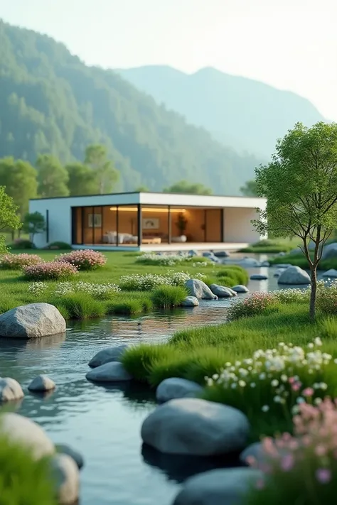 Create a model house in a modern style. Around the house there are streams and flower gardens.