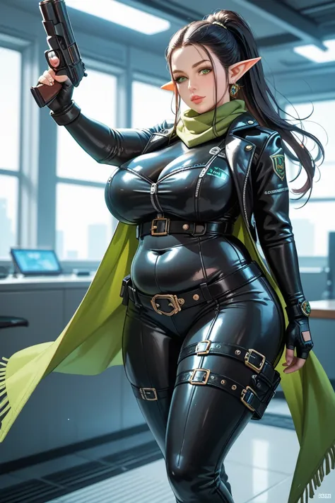 1girl, solo, mature,  huge breasts, curvy, big hips, chubby, elf ears, black hair, green eyes, exposed forehead, straight hair, long hair, ponytail, black bodysuit, black leather belt, green scarf, fingerless glove, black Thigh high boots, holding gun, sta...