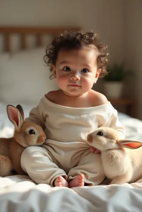 (photorealism:1.2), beautiful baby, sitting on bed, wearing loose off-shoulder top, pajama pants, short curly hair, indoors, soft lighting, room in background, , cozy room, relaxed pose, realistic, intricate details, warm colors and are surrounded by rabbi...