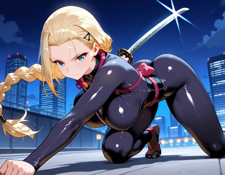 1girl,solo,sexy kunoichi,gleaming skin,shiny skin,serious face, blonde hair,forehead,(hair slicked back:1.2) ,a braid,hair clip,large breasts,beautifully shaped breasts,shinobi costume ,bodysuit,fighting pose,holding a short katana, crouch down ,night city...